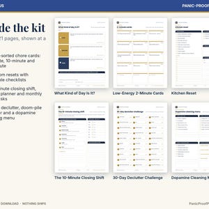 May include: A digital printable kit featuring six pages titled What Kind of Day Is It, Low-Energy 2-Minute Cards, Kitchen Reset, The 10-Minute Closing Shift, 30-Day Declutter Challenge, and Dopamine Cleaning Menu with checklists and tasks.