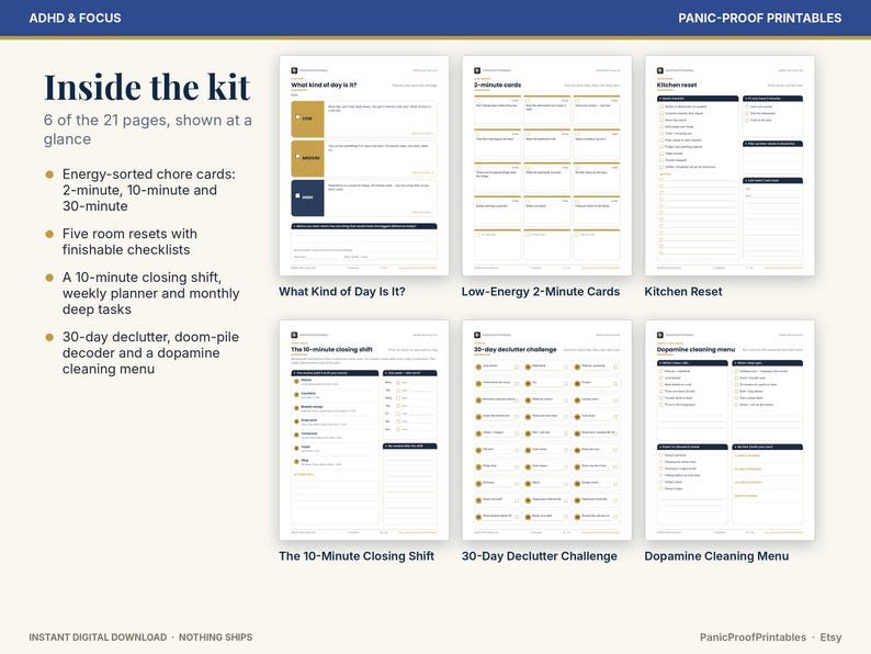 May include: A digital printable kit featuring six pages titled What Kind of Day Is It, Low-Energy 2-Minute Cards, Kitchen Reset, The 10-Minute Closing Shift, 30-Day Declutter Challenge, and Dopamine Cleaning Menu with checklists and tasks.