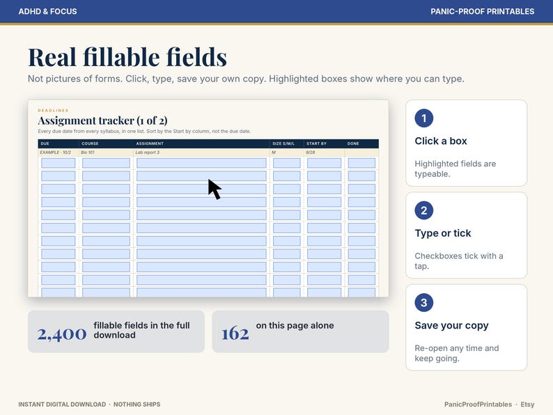 以下が含まれることがあります： 入力可能なフィールドを備えたデジタル課題トラッカーテンプレート。締め切り、コース、課題の列がある表形式。クリック、入力、保存の手順が記載されており、合計2,400個の入力可能なフィールドが含まれています。