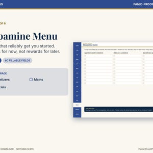 May include: A digital planner page titled Dopamine Menu with the subtitle Things that reliably get you started. Starters for now, not rewards for later. The layout includes sections for Appetizers, Mains, and Specials with checkboxes.