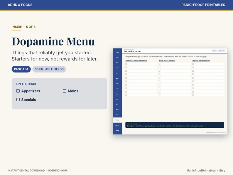 May include: A digital planner page titled Dopamine Menu with the subtitle Things that reliably get you started. Starters for now, not rewards for later. The layout includes sections for Appetizers, Mains, and Specials with checkboxes.