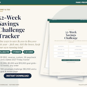 May include: A 52-Week Savings Challenge Tracker digital printable set featuring dark blue text on a cream background. The document includes nine savings goal options ranging from $1,000 to $10,000, fillable PDF formats, and A6 cards.