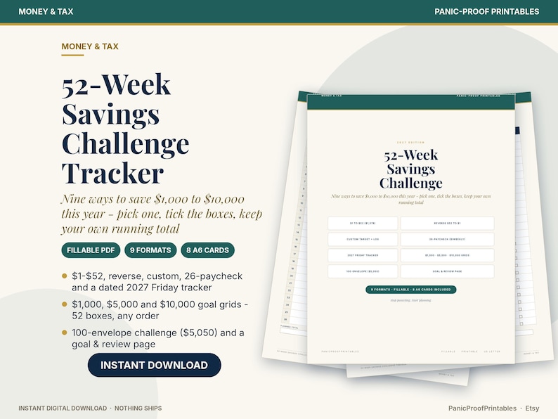 May include: A 52-Week Savings Challenge Tracker digital printable set featuring dark blue text on a cream background. The document includes nine savings goal options ranging from $1,000 to $10,000, fillable PDF formats, and A6 cards.