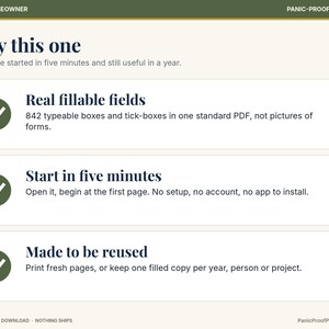 May include: A digital document infographic titled Why this one, featuring three sections with green checkmark icons. The text highlights real fillable fields, a five-minute start time, and reusability for home and homeowner planning.