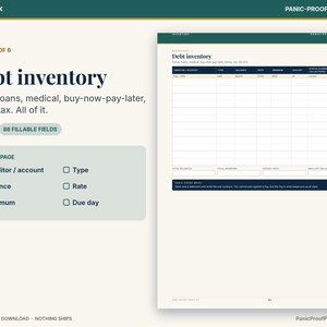May include: A digital debt inventory worksheet featuring a table with columns for creditor or account, type, balance, rate, minimum, due day, and status. The page includes the text Debt inventory, Cards, loans, medical, buy-now-pay-later, family, tax.