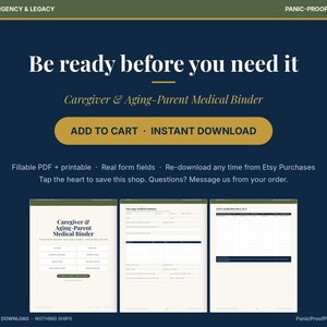 May include: A digital Caregiver and Aging-Parent Medical Binder template featuring a dark blue background with white text. The graphic displays three document pages including a cover, a medical summary form, and a medication list.
