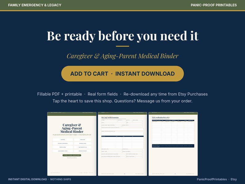 May include: A digital Caregiver and Aging-Parent Medical Binder template featuring a dark blue background with white text. The graphic displays three document pages including a cover, a medical summary form, and a medication list.