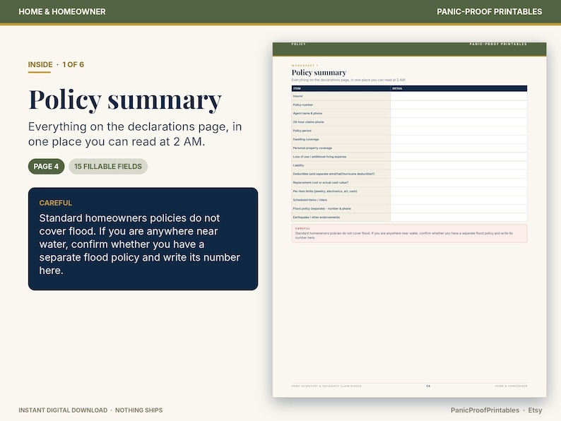 May include: A printable policy summary worksheet featuring 15 fillable fields for homeowner insurance details. The document includes a dark blue box with a warning about flood coverage and a table for recording policy information.