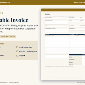 May include: A digital fillable invoice template featuring a clean layout with fields for business details, invoice number, date, due date, project, and client information. The document includes a table for itemized descriptions, quantities, rates, and totals.