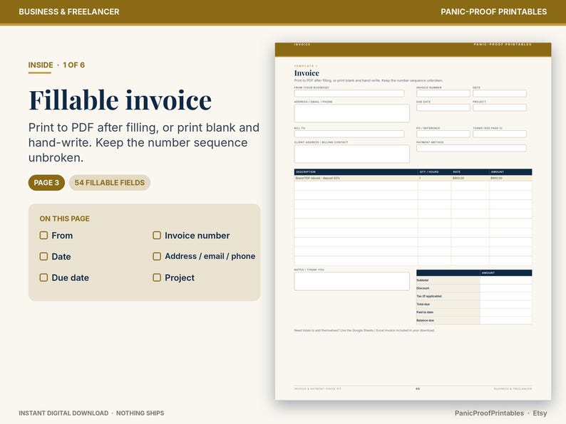 May include: A digital fillable invoice template featuring a clean layout with fields for business details, invoice number, date, due date, project, and client information. The document includes a table for itemized descriptions, quantities, rates, and totals.