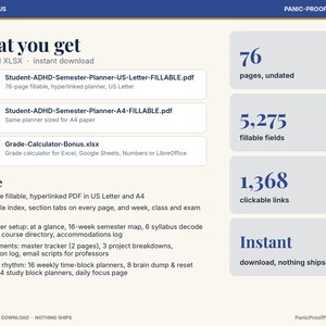 Puede incluir: Un conjunto de planificador estudiantil digital titulado ADHD & Focus Panic-Proof Printables. Incluye dos PDF rellenables de 76 p&aacute;ginas en tama&ntilde;os US Letter y A4, m&aacute;s una calculadora de notas XLSX. 5,275 campos y 1,368 enlaces.