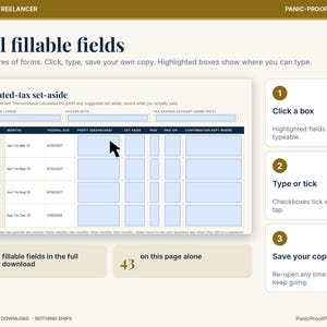 May include: A digital business and freelancer tax workbook template with fillable fields. The interface features a table for estimated tax set-aside tracking, instructions for clicking, typing, and saving, and a total of 184 fillable fields.