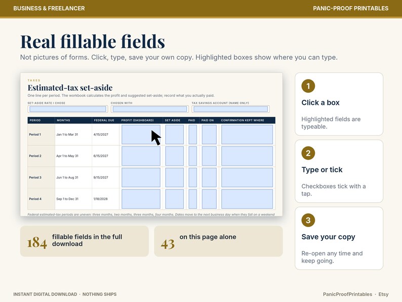 May include: A digital business and freelancer tax workbook template with fillable fields. The interface features a table for estimated tax set-aside tracking, instructions for clicking, typing, and saving, and a total of 184 fillable fields.