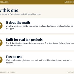 May include: A digital spreadsheet template for business and freelancers titled Why this one. It features three sections with checkmarks: It does the math, Built for real tax periods, and Free to use, explaining compatibility with Google Sheets and Excel.