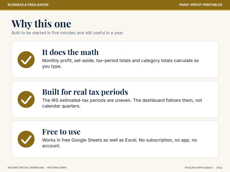 May include: A digital spreadsheet template for business and freelancers titled Why this one. It features three sections with checkmarks: It does the math, Built for real tax periods, and Free to use, explaining compatibility with Google Sheets and Excel.
