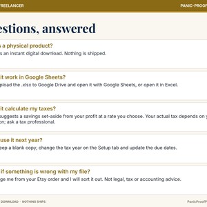 May include: An informational graphic titled Questions, answered with a gold header and footer. It lists five frequently asked questions and answers regarding a digital download product, including compatibility with Google Sheets and Excel.