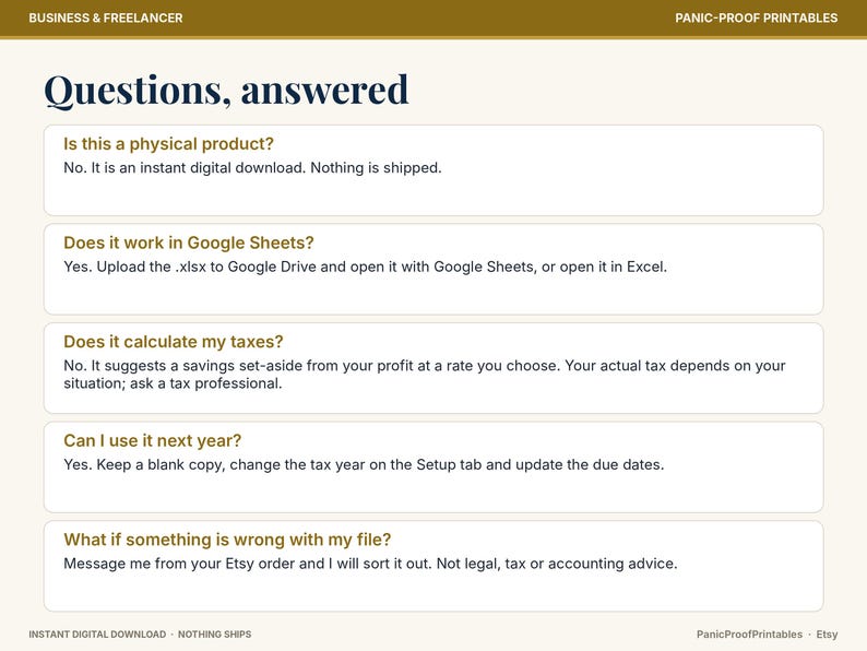 May include: An informational graphic titled Questions, answered with a gold header and footer. It lists five frequently asked questions and answers regarding a digital download product, including compatibility with Google Sheets and Excel.