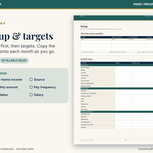 以下が含まれることがあります： Setup & targetsというタイトルのデジタル財務計画テンプレート。手取り収入と月間目標のセクションがあり、カテゴリー、目標、メモの列が含まれています。ダークグリーンとクリーム色の配色で構成されています。