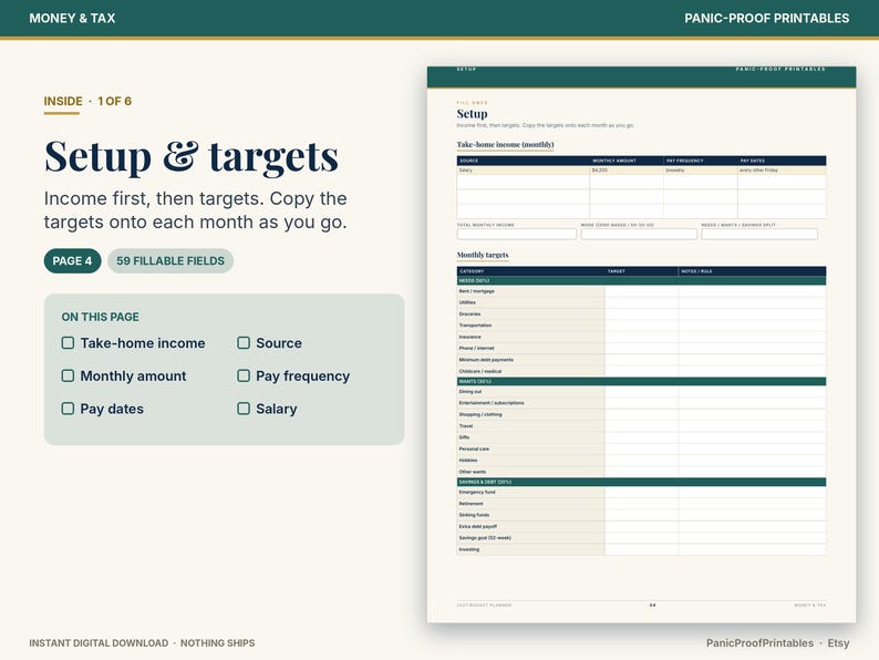 以下が含まれることがあります： Setup & targetsというタイトルのデジタル財務計画テンプレート。手取り収入と月間目標のセクションがあり、カテゴリー、目標、メモの列が含まれています。ダークグリーンとクリーム色の配色で構成されています。