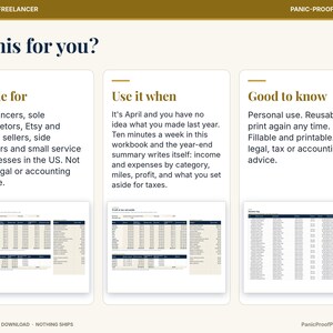 May include: A digital business and freelancer workbook titled Is this for you? featuring three sections: Made for, Use it when, and Good to know. It includes fillable and printable income, expense, and mileage tracking templates for US-based sellers.
