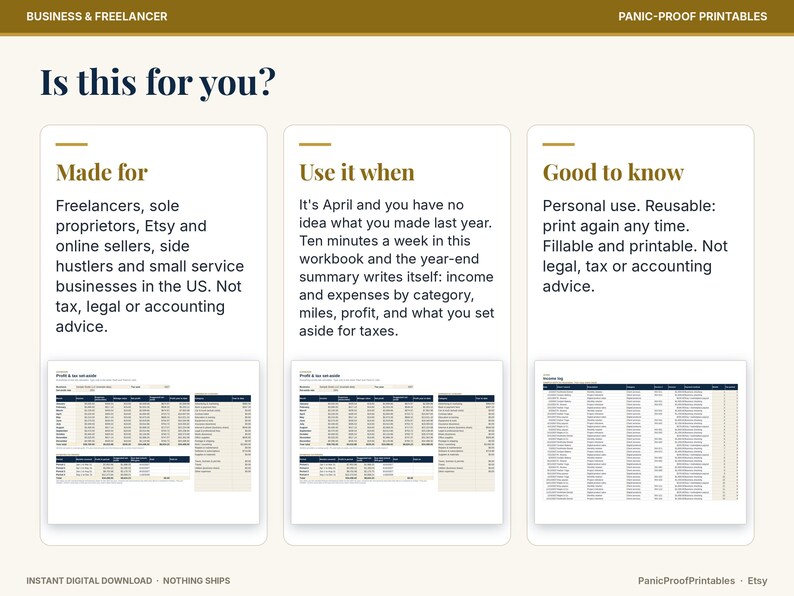 May include: A digital business and freelancer workbook titled Is this for you? featuring three sections: Made for, Use it when, and Good to know. It includes fillable and printable income, expense, and mileage tracking templates for US-based sellers.