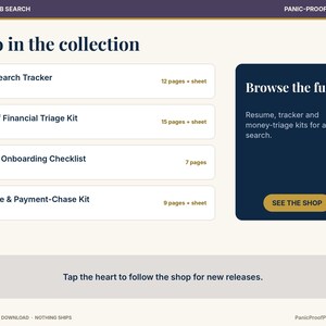 May include: A digital collection menu titled Also in the collection featuring a Job Search Tracker, Layoff Financial Triage Kit, Client Onboarding Checklist, and Invoice & Payment-Chase Kit with a dark blue box labeled Browse the full set.