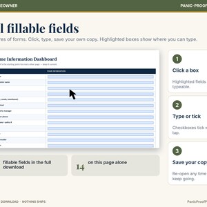 Puede incluir: Una plantilla digital de panel de informaci&oacute;n del hogar con campos rellenables para detalles de la propiedad. El dise&ntilde;o incluye instrucciones para hacer clic, escribir y guardar, con 590 campos en total y 14 en esta p&aacute;gina.