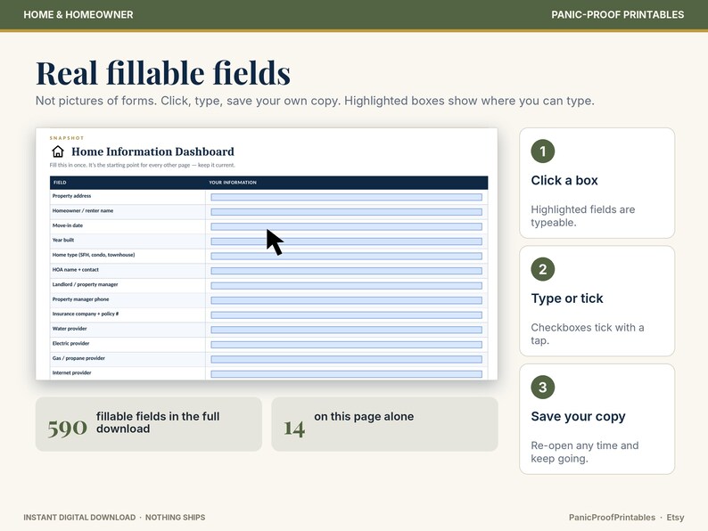 Puede incluir: Una plantilla digital de panel de informaci&oacute;n del hogar con campos rellenables para detalles de la propiedad. El dise&ntilde;o incluye instrucciones para hacer clic, escribir y guardar, con 590 campos en total y 14 en esta p&aacute;gina.