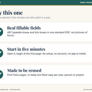 May include: A digital document titled Money & Tax by Panic-Proof Printables. It features three sections: Real fillable fields with 497 typeable boxes, Start in five minutes with no setup required, and Made to be reused for annual printing.