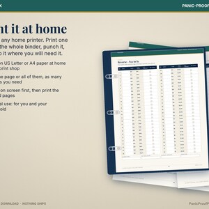 May include: A digital printable financial tracker sheet titled Reverse $52 to $1, featuring a table with columns for date, amount, and checkboxes. The document is displayed inside a dark blue three-ring binder, with text instructions for home printing.
