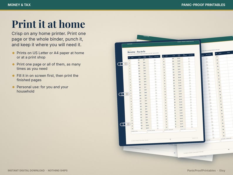 May include: A digital printable financial tracker sheet titled Reverse $52 to $1, featuring a table with columns for date, amount, and checkboxes. The document is displayed inside a dark blue three-ring binder, with text instructions for home printing.