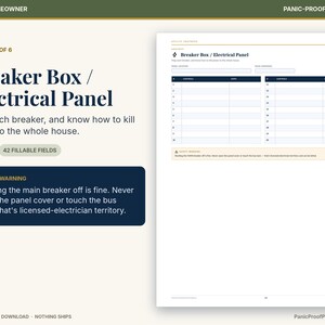 Puede incluir: Un documento imprimible titulado Breaker Box / Electrical Panel que presenta una cuadr&iacute;cula para mapear circuitos el&eacute;ctricos, una secci&oacute;n de advertencia de seguridad y 42 campos rellenables para identificar los interruptores.
