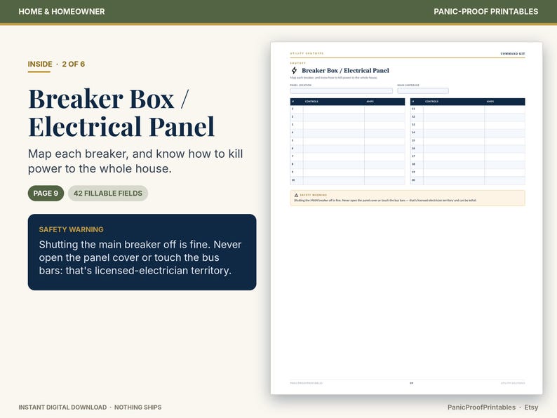 Puede incluir: Un documento imprimible titulado Breaker Box / Electrical Panel que presenta una cuadr&iacute;cula para mapear circuitos el&eacute;ctricos, una secci&oacute;n de advertencia de seguridad y 42 campos rellenables para identificar los interruptores.
