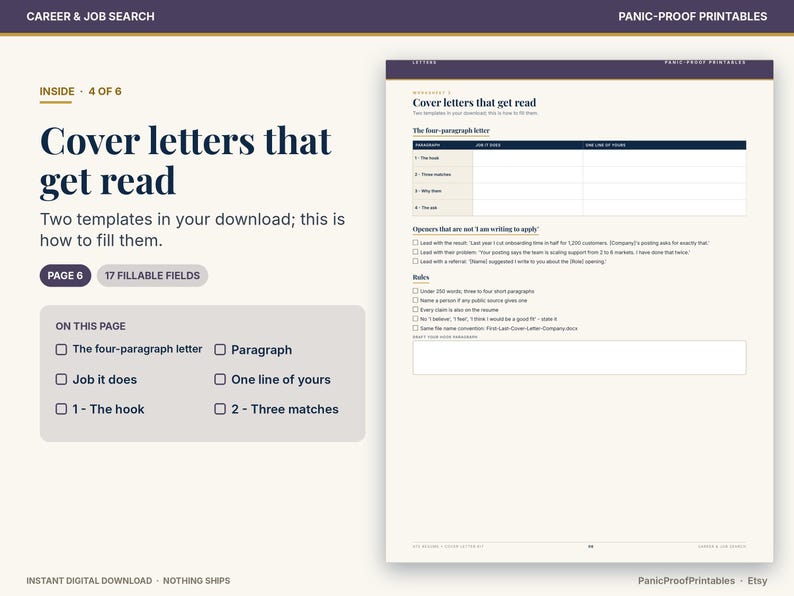 May include: A digital document template titled Cover letters that get read, featuring a four-paragraph letter structure with a table for paragraphs, job duties, and personal lines, plus a checklist of rules for writing effective cover letters.