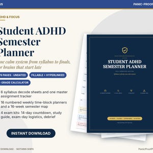以下が含まれることがあります： ADHDの学生向けデジタルセメスタープランナー。ダークブルーの表紙に金色の文字と盾のアイコンが特徴です。76ページの日付なし、記入可能、ハイパーリンク付きのページ、成績計算機、シラバス解読シート、課題トラッカー、週ごとのタイムブロックプランナー、試験キットが含まれています。