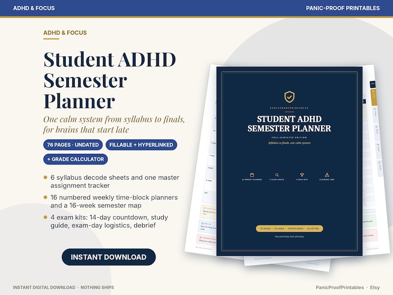 Puede incluir: Un planificador digital de semestre para estudiantes con TDAH, con cubierta azul oscuro, texto dorado y un icono de escudo. Incluye 76 p&aacute;ginas sin fecha, rellenables e hipervinculadas, calculadora de notas, hojas de decodificaci&oacute;n de s&iacute;labo, rastreadores de tareas, planificadores semanales y kits de examen.