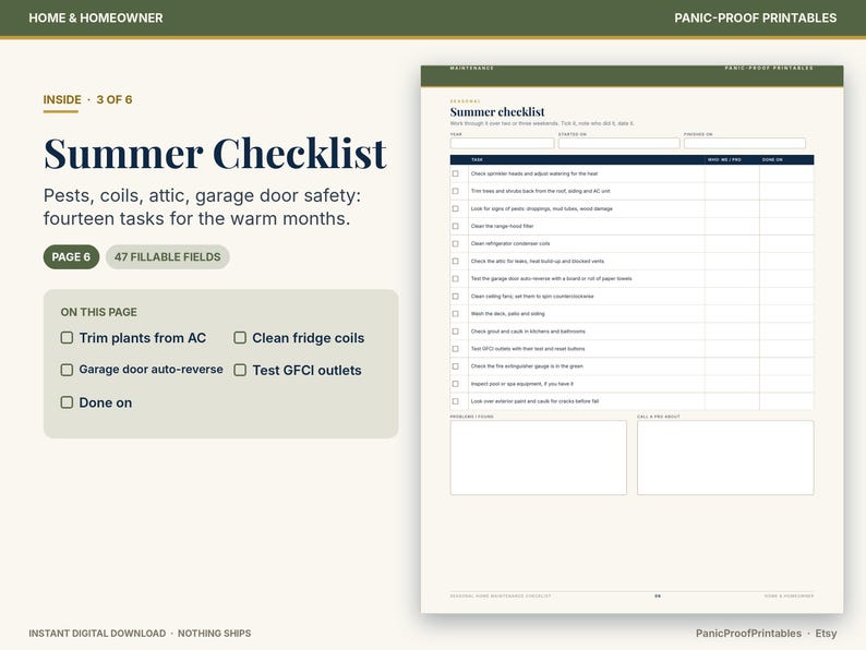Checklista för säsongsunderhåll av hemmet, ifyllbar PDF, 56 uppgifter, månadskalender (digital nedladdning) bild 7