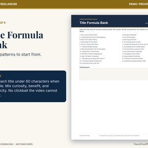 May include: A digital document titled Title Formula Bank featuring 25 title patterns for content creators. The page includes instructions to keep titles under 60 characters, mixing curiosity, benefit, and specificity, plus a blank box.