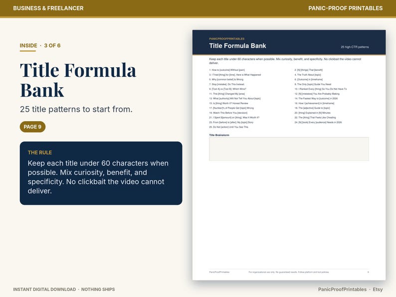 May include: A digital document titled Title Formula Bank featuring 25 title patterns for content creators. The page includes instructions to keep titles under 60 characters, mixing curiosity, benefit, and specificity, plus a blank box.