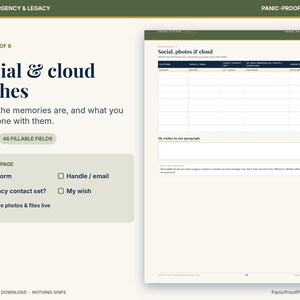 May include: A digital printable document titled Social & cloud wishes, featuring a table for platform details, legacy contacts, and file locations. The page includes 46 fillable fields for organizing digital assets, account handles, and personal instructions for managing online memories.