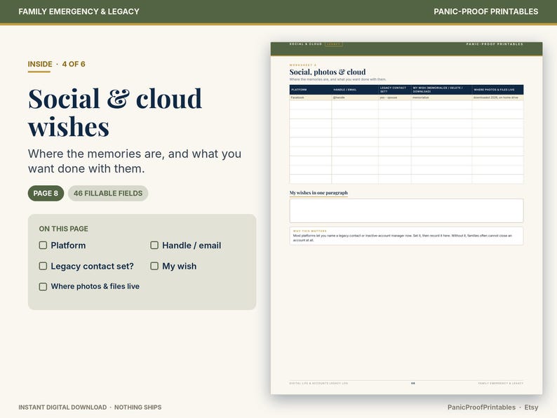 May include: A digital printable document titled Social & cloud wishes, featuring a table for platform details, legacy contacts, and file locations. The page includes 46 fillable fields for organizing digital assets, account handles, and personal instructions for managing online memories.