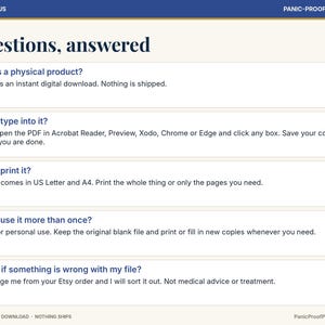 Puede incluir: Un gr&aacute;fico de informaci&oacute;n digital titulado Questions, answered con texto azul oscuro sobre un fondo crema. Explica que es una descarga digital instant&aacute;nea, editable en lectores de PDF e imprimible en formatos A4 y US Letter.