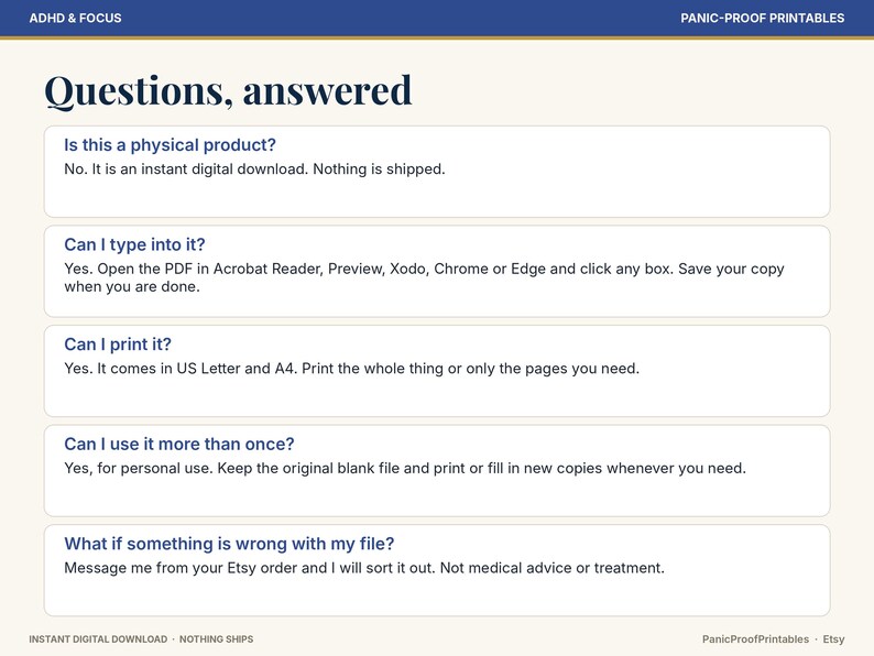 Puede incluir: Un gr&aacute;fico de informaci&oacute;n digital titulado Questions, answered con texto azul oscuro sobre un fondo crema. Explica que es una descarga digital instant&aacute;nea, editable en lectores de PDF e imprimible en formatos A4 y US Letter.