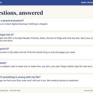 Puede incluir: Un gr&aacute;fico informativo digital titulado Questions, answered con encabezado y pie de p&aacute;gina azules. Enumera cinco preguntas frecuentes sobre una descarga digital, incluyendo detalles sobre la impresi&oacute;n y el uso del archivo PDF.