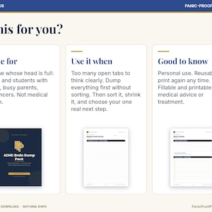 Puede incluir: Un gr&aacute;fico informativo digital titulado ADHD & Focus Panic-Proof Printables. Presenta tres columnas que detallan el paquete ADHD Brain Dump, incluyendo instrucciones de uso, p&uacute;blico objetivo y notas sobre el uso personal y la reutilizaci&oacute;n.