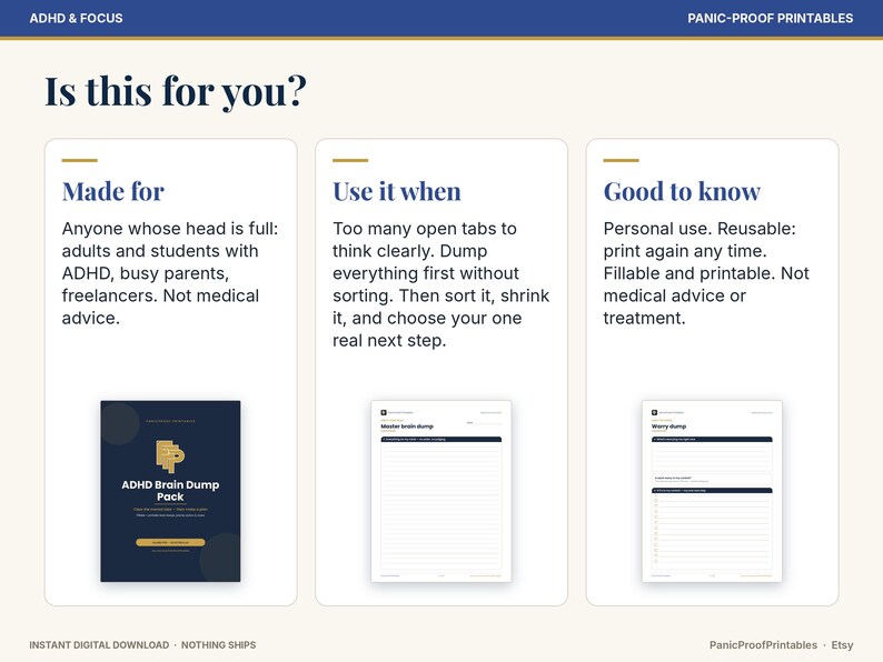 Puede incluir: Un gr&aacute;fico informativo digital titulado ADHD & Focus Panic-Proof Printables. Presenta tres columnas que detallan el paquete ADHD Brain Dump, incluyendo instrucciones de uso, p&uacute;blico objetivo y notas sobre el uso personal y la reutilizaci&oacute;n.