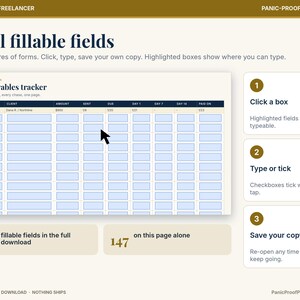 May include: A digital receivables tracker template with fillable fields. The interface displays a table with columns for invoice number, client, amount, and dates. Text includes Real fillable fields, Click a box, Type or tick, and Save your copy.