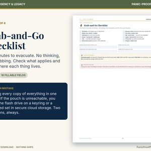 Może przedstawiać: Cyfrowy dokument do druku zatytułowany Grab-and-Go Checklist zawierający listę niezbędnych przedmiot&oacute;w na wypadek sytuacji awaryjnych. Strona zawiera pola do wypełnienia, sekcję dotyczącą typowych błęd&oacute;w oraz instrukcje dotyczące organizowania ważnych dokument&oacute;w.