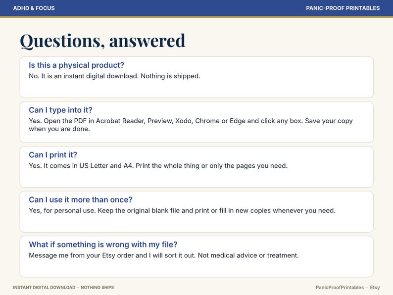 May include: A digital information graphic titled Questions, answered with dark blue text on a cream background. It explains that this is an instant digital download, editable in PDF readers, printable in US Letter and A4, and for personal use.
