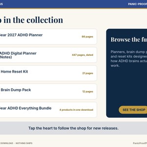 May include: A digital product collection menu titled Also in the collection, listing First Gear 2027 ADHD Planner, 2027 ADHD Digital Planner, ADHD Home Reset Kit, ADHD Brain Dump Pack, and First Gear ADHD Everything Bundle with page counts.
